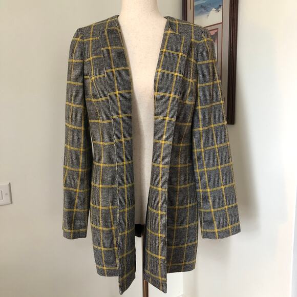 Kasper Yellow Windowpane Plaid Open Front Blazer Jacket 6 Medium Longline Career - Picture 2 of 12